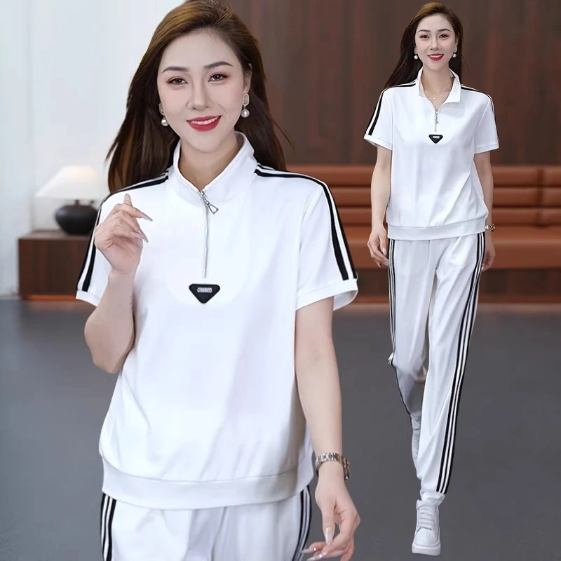 时尚立领运动套装女夏装2025新款洋气大码冰丝短袖减龄休闲两件套