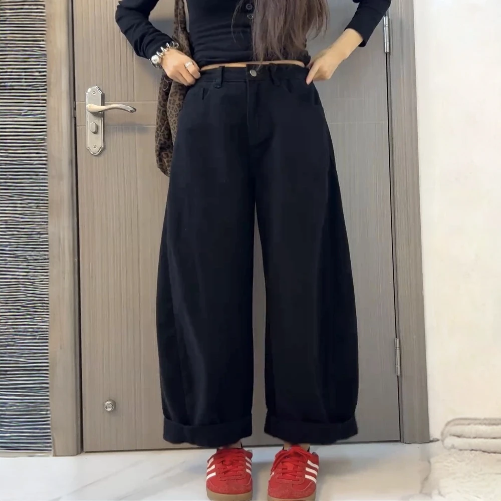 欧货复古黑色阔腿牛仔裤女2025秋季新款高腰宽松显瘦百搭弯刀裤子