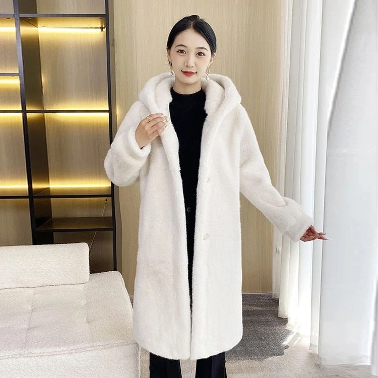 人造皮草 1803年新款时尚豹纹带帽中长款大衣