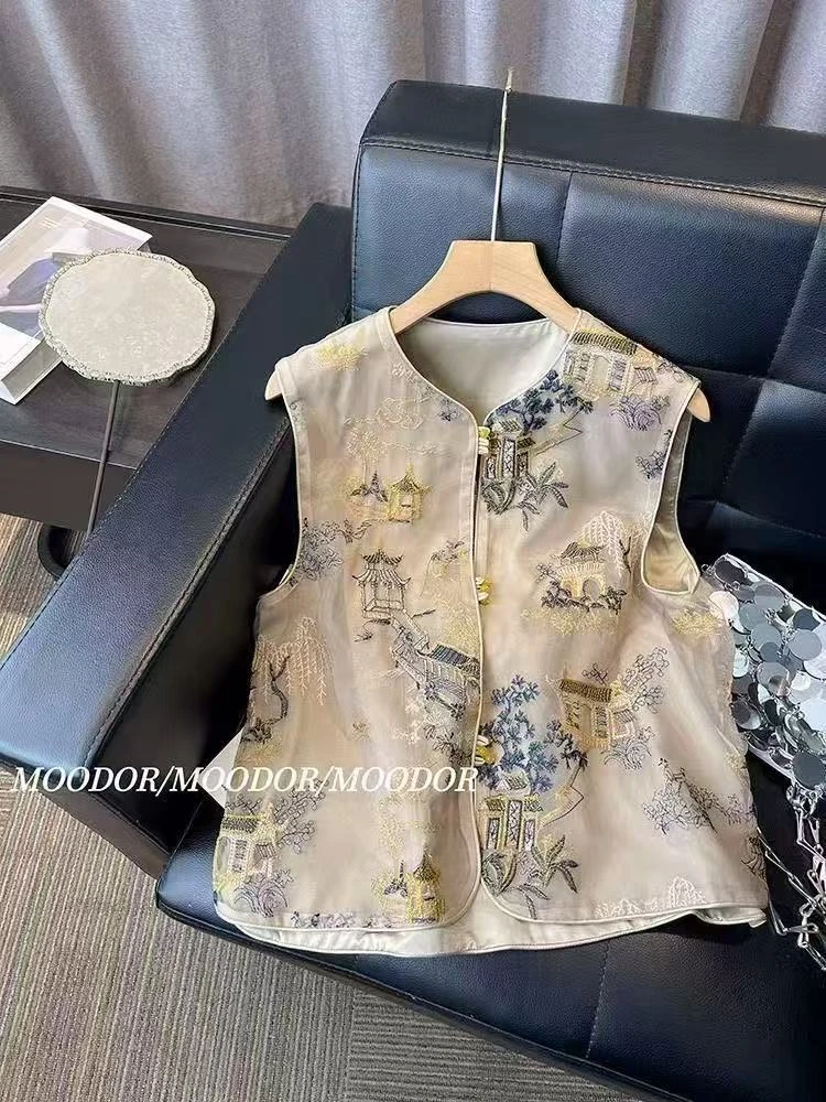 W008高档夏季复古重磅外搭叠穿马夹坎肩新中式中国风重工刺绣马