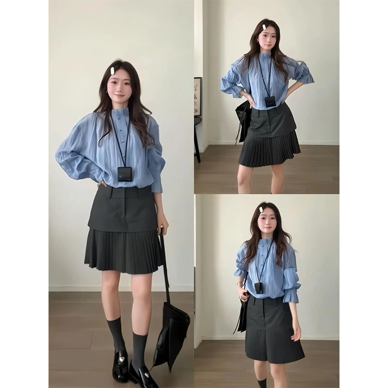 MARIE.COCO法式立领休闲气质宽松长袖衬衫高腰复古百褶半身裙套装