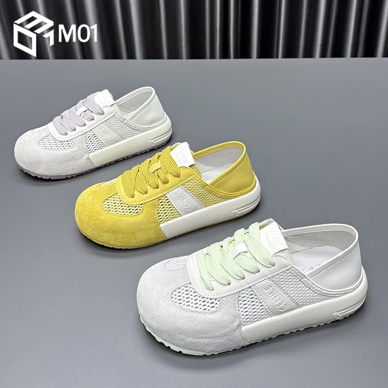 M01两穿网面小白鞋女2025夏季新款圆头厚底薄款透气休闲运动板鞋