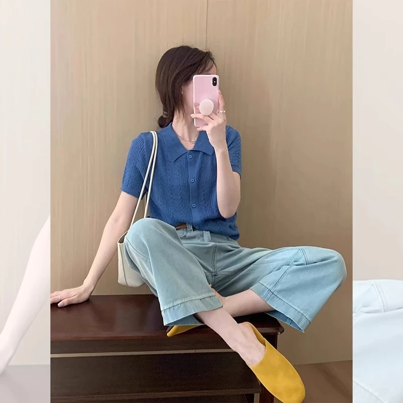 法式克莱因蓝polo领针织冰丝短款上衣女夏日独特绝美正肩短袖t恤