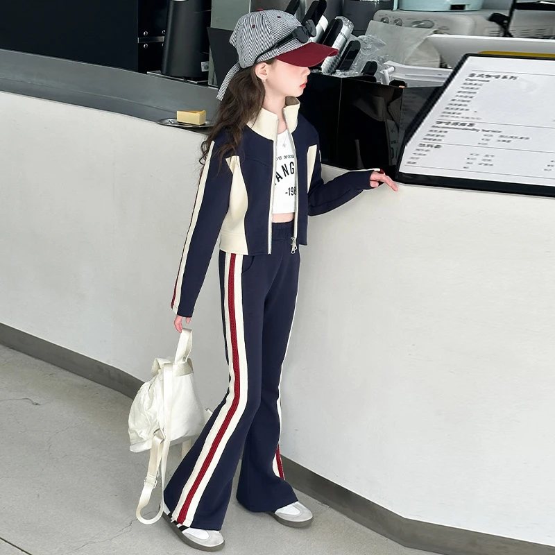 女大童春秋款套装2025新款洋气女孩韩版立领卫衣休闲宽松喇叭长裤