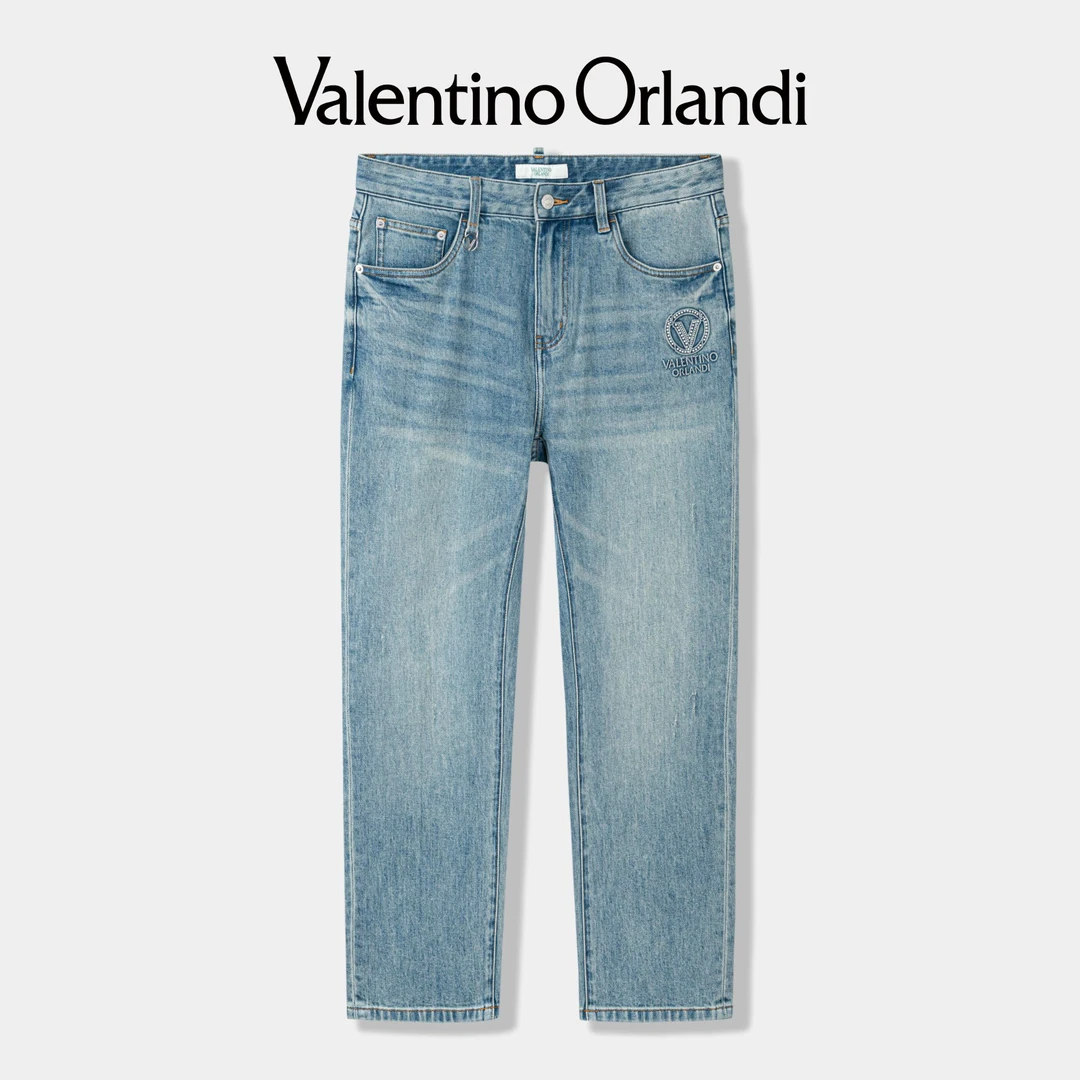 Valentinoorlandi男士春秋B版时尚百搭钉珠logo蓝色直筒牛仔裤
