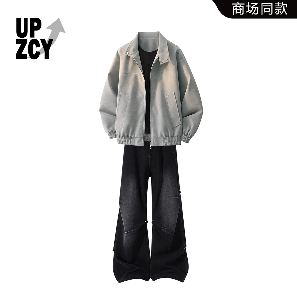 UPZCY美式街头潮流痞帅ins风皮衣2025冬季新款水洗牛仔裤两件套男