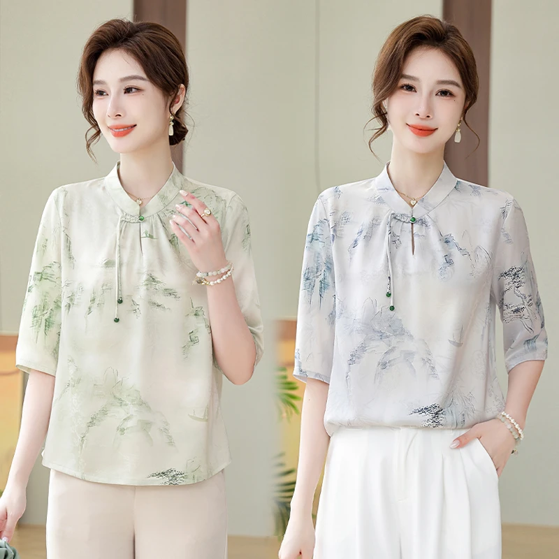 妈妈装夏季中式小衫新款上衣中老年女士气质洋气衬衫遮肚中袖T恤