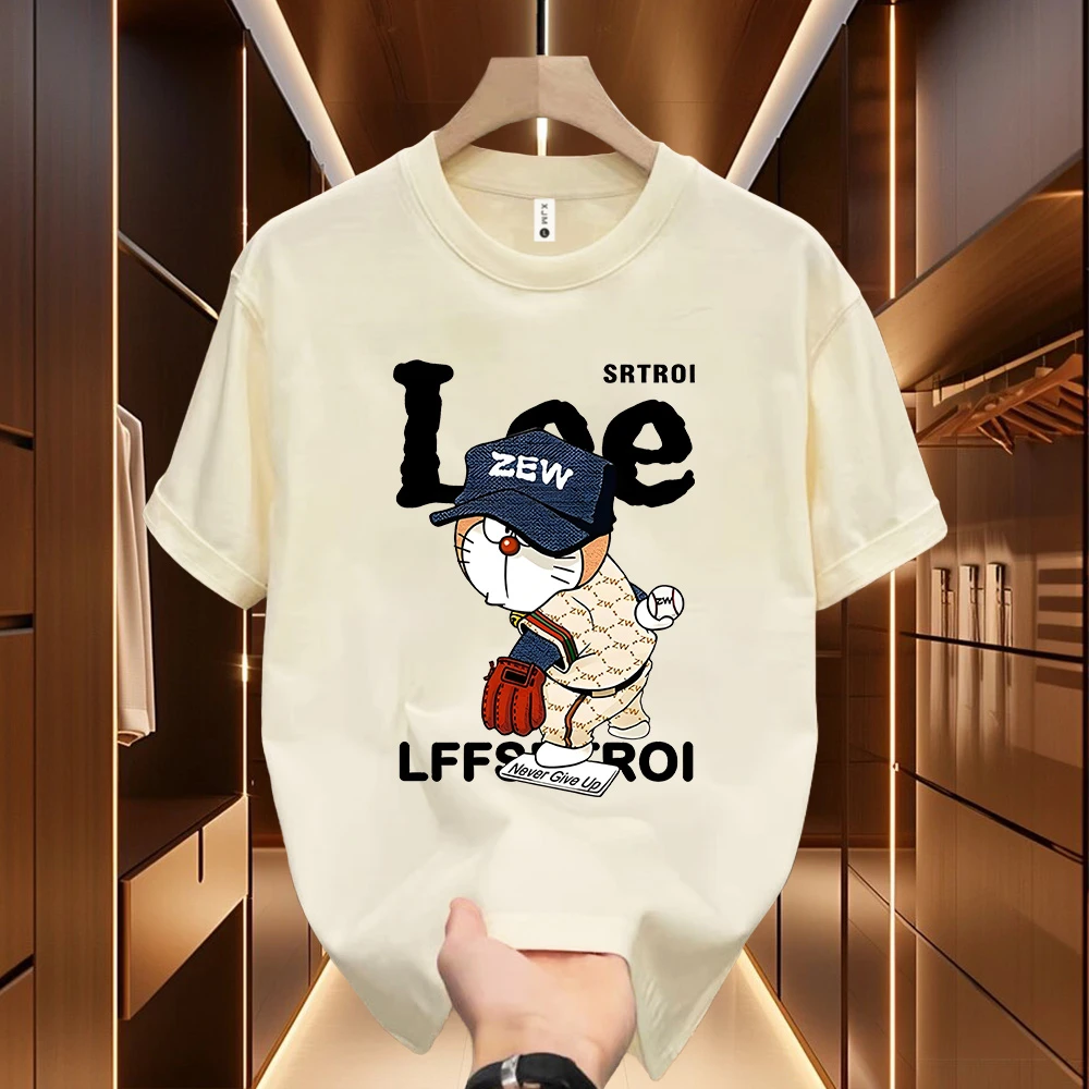 夏季圆领男女装宽松卡通印花时尚短袖情侣欧美嘻哈纯棉T恤-叮当猫