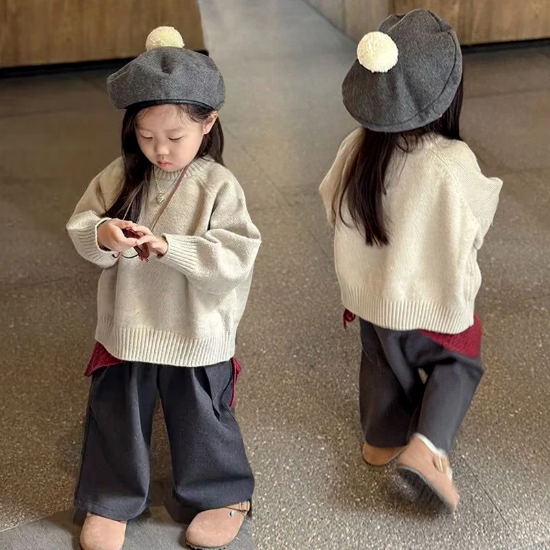 童装女童针织毛衣套装秋装新款洋气儿童时髦连帽上衣阔腿裤两件套
