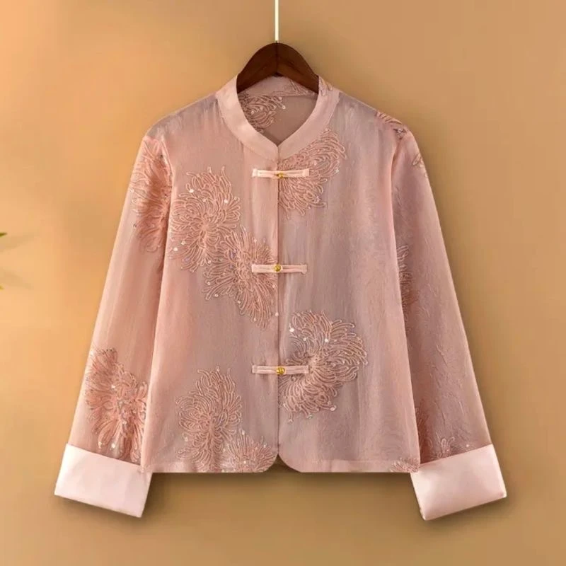 （花开半夏）领刺绣高级感提花衬衫微喇袖纯色上衣女装