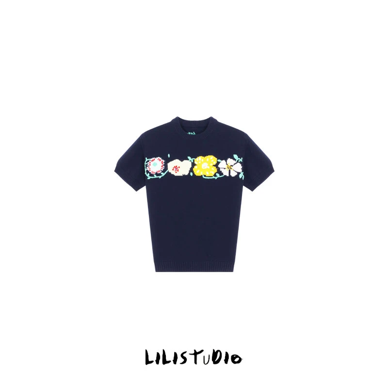 PCNY「蓝韵花境」不理理夏季新款小众女装时尚刺绣提花针织短袖上衣