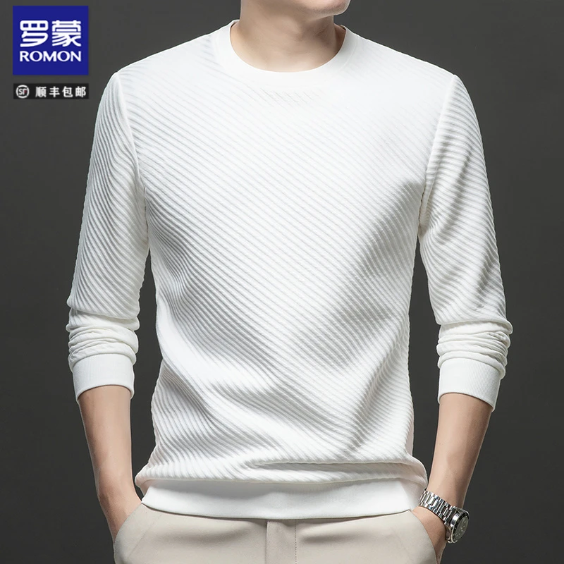 罗蒙男士长袖T恤春秋季新款时尚螺纹纯色百搭休闲圆领打底衫上衣