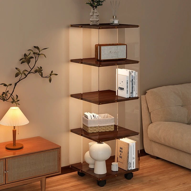 亚克力旋转书架落地置物架一体靠墙可移动手办展示柜实木转角书柜