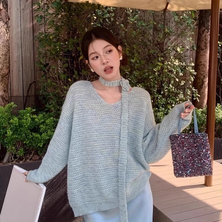 慵懒风氛围感玫瑰花朵飘带针织毛衣女冬季新款高级感气质显瘦上衣