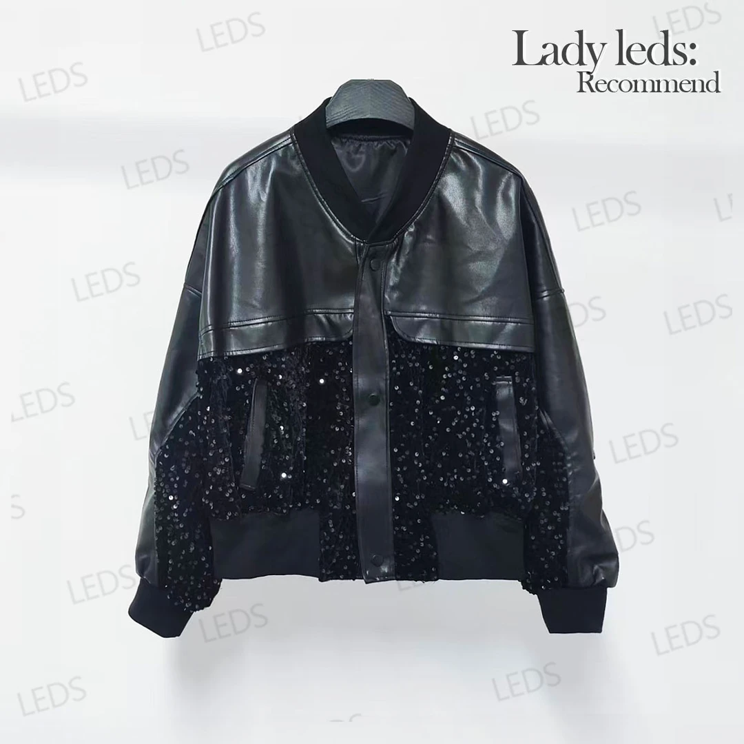 LEDS X006秋冬黑色亮片拼皮显瘦减龄棒球服外套