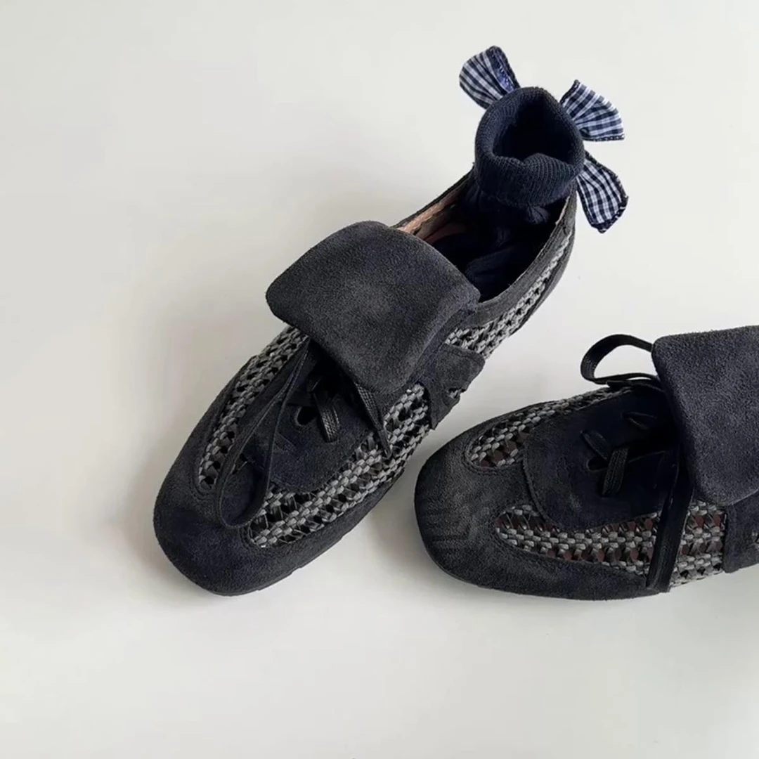 超软~复古镂空编织平底德训鞋百搭透气运动休闲鞋系带阿甘鞋女