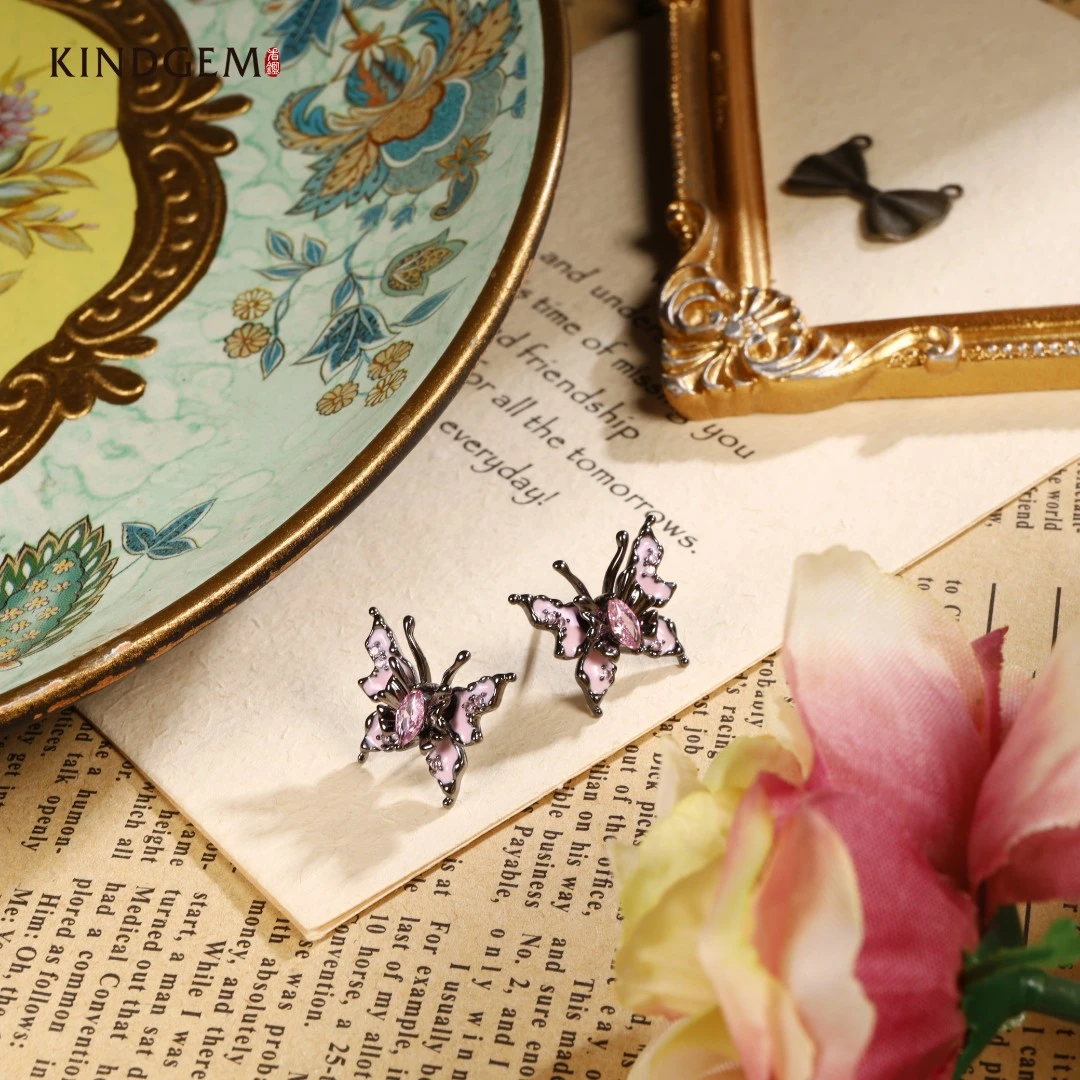 铜合金合成锆石耳饰 【M·D】英·粉色蝴蝶精致耳环 AV173XIPC-28168