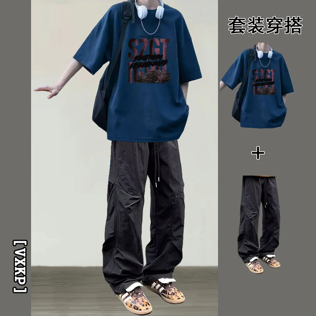 夏季高街潮牌套装男生短袖T恤酷帅穿搭工装裤薄款青少年日常一套