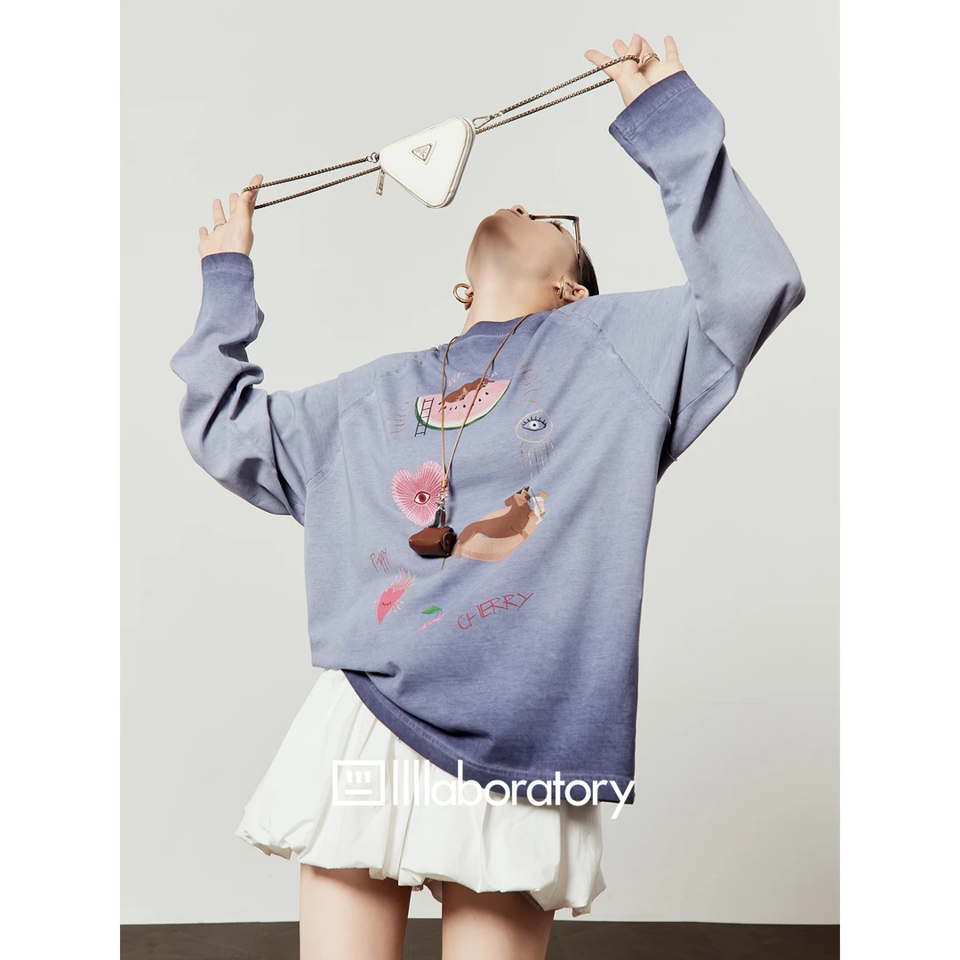 《夏日倾情》紫色T恤女2025秋季新款卡通印花水洗做旧圆领长袖