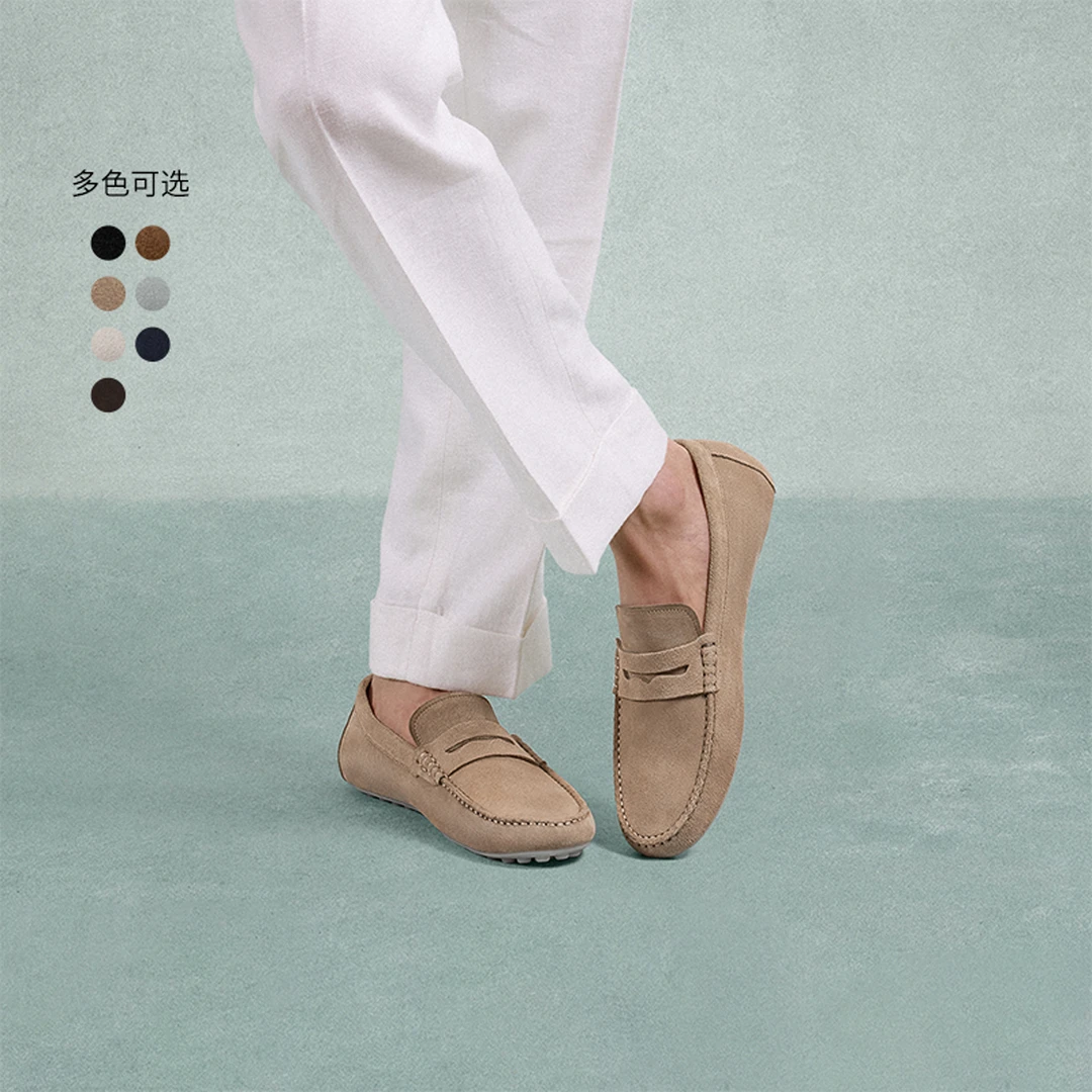 ThomWills新款豆豆鞋男真皮反绒一脚蹬懒人鞋便士乐福鞋休闲夏季