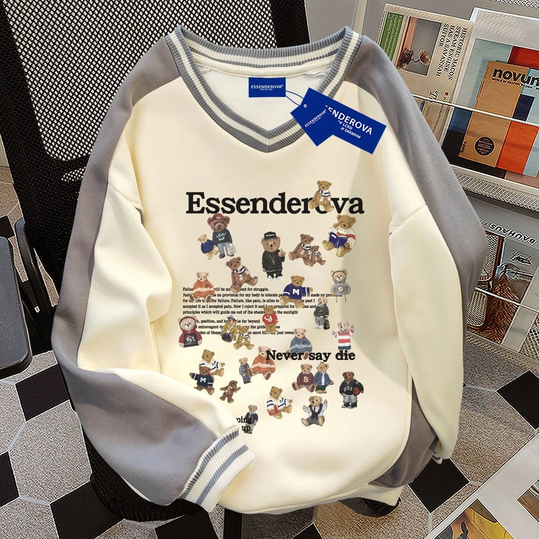 韩版可爱秋冬季拼接V领卫衣女加绒加厚ins小众设计感宽松显瘦上衣