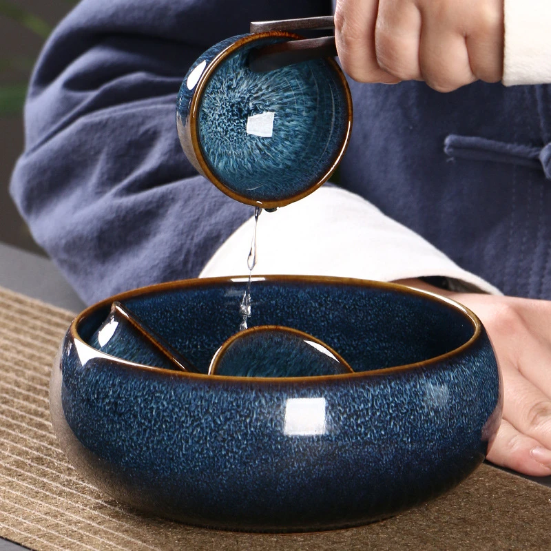 家用茶缸笔洗窑变霁蓝茶洗陶瓷茶具配件洗杯碗茶道配件水盂茶洗缸