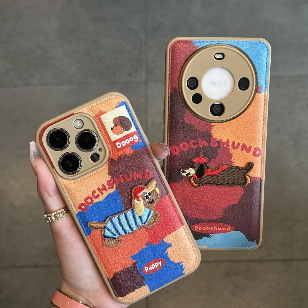 BANCA可爱刺绣腊肠狗适用苹果17/16promax手机壳小米vivo华为oppo