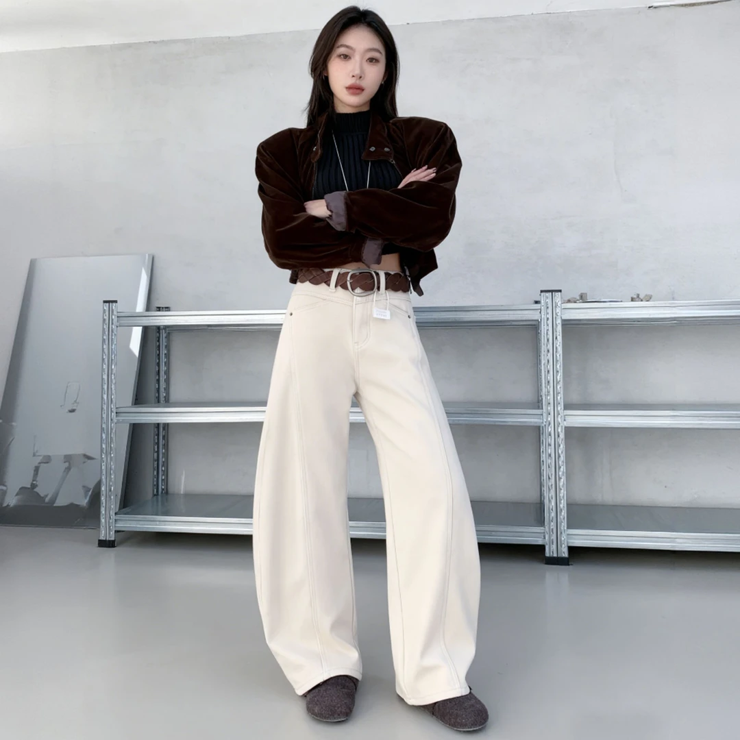2739秋冬百搭时尚纯色弯刀宽松高腰显瘦显腿长白色牛仔阔腿裤裤子