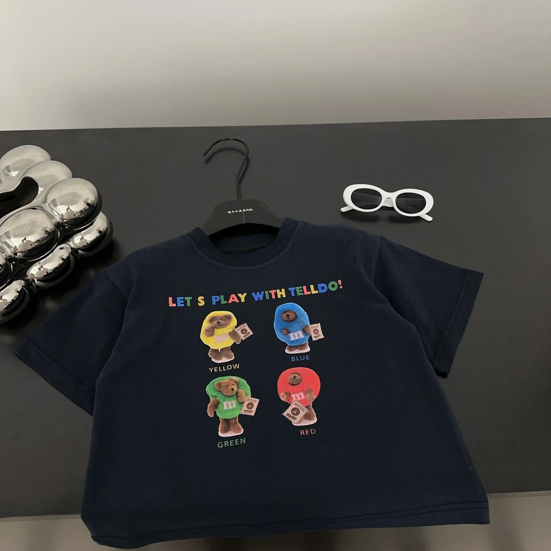 【两个小盆友】2025夏季儿童韩版宽松休闲短袖卡通印花纯棉T恤7181