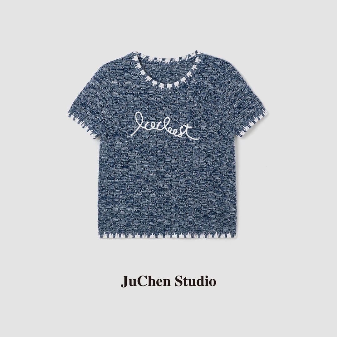 “航海小香”慢工艺5针令士挑孔字母箱型短袖针织衫上衣SS103023-16