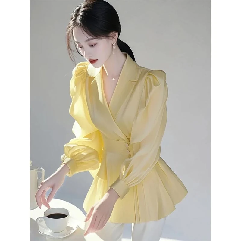 高级感气质收腰纯色衬衫女2025年春季新款法式设计感显瘦长袖上衣