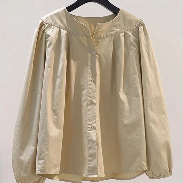 清仓捡漏~专柜撤回大牌外贸春秋圆领宽松灯笼袖褶皱棉衬衫上衣女