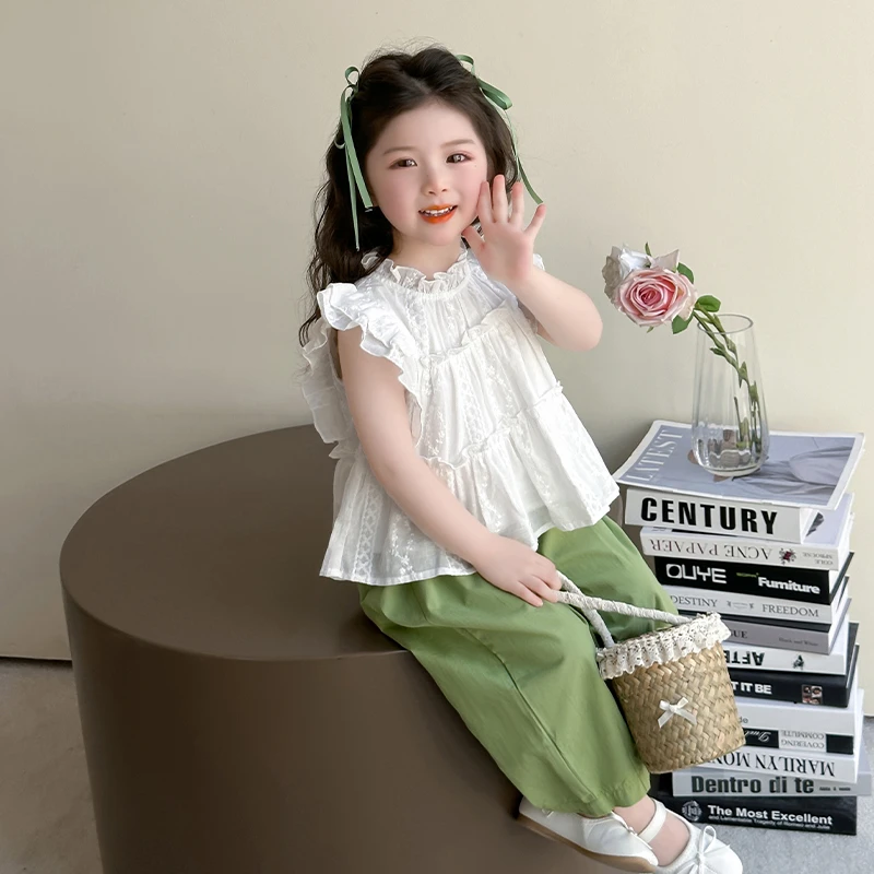 女童清新休闲木耳边娃娃衫套装夏季2025新款时髦洋气舒适清新套装