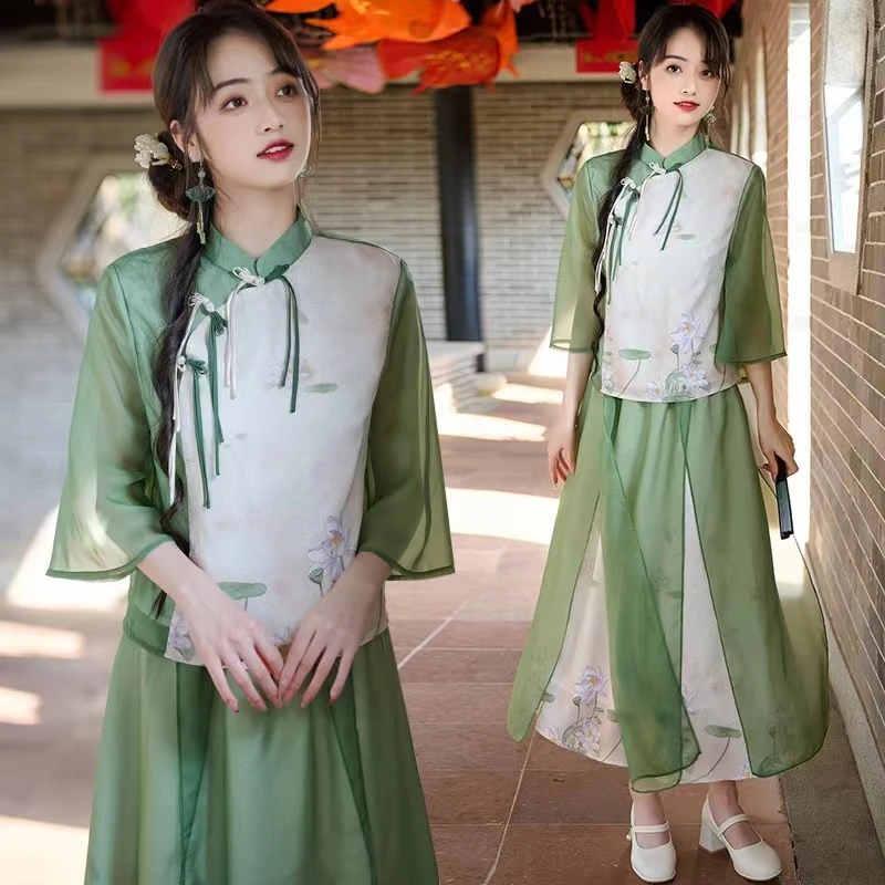 新中式国风立领手工盘扣印花拼接中袖短款日常百搭上衣T恤8032