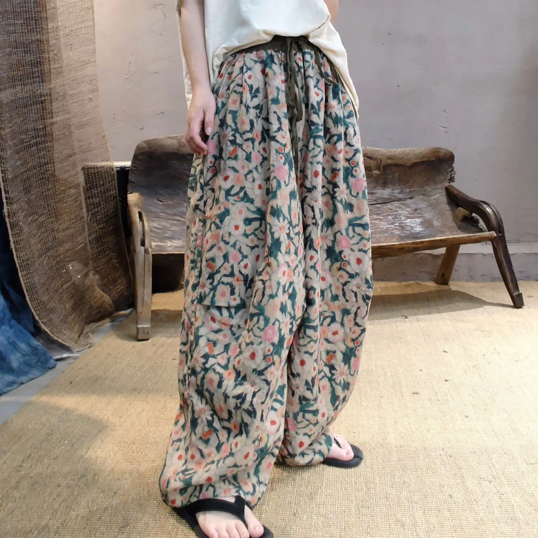 250434忆古朴拙夏季薄款亚麻印花休闲裤复古文艺褶皱宽松九分裤