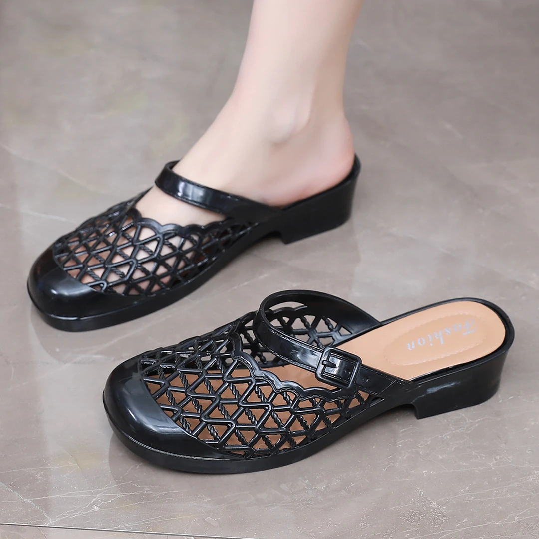 妈妈鞋软底防滑舒适中老年春夏季女士包头拖半拖PVC透气坡跟4cm