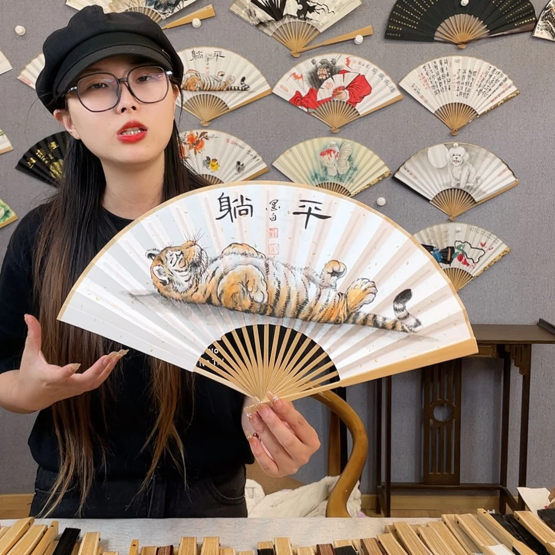 国画8寸玉竹-纯手绘-文玩扇骨（默认粘好）