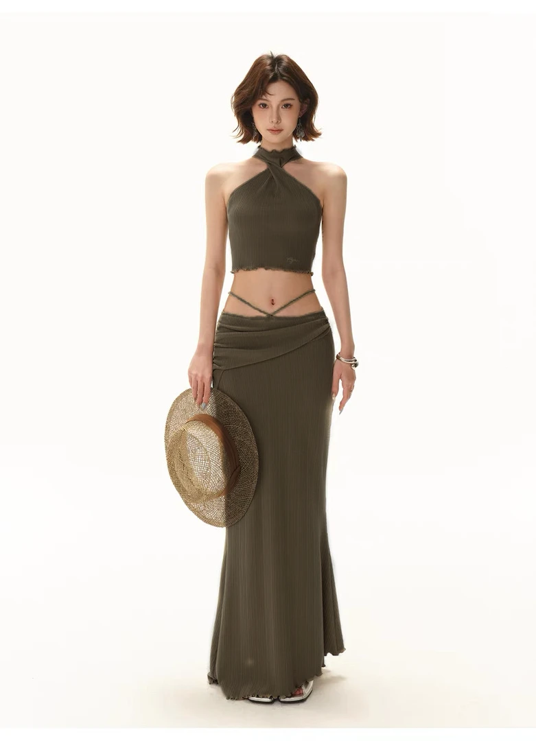 高弹针织修身辣妹套装纽结挂脖抹袖上衣低腰包臀长裙