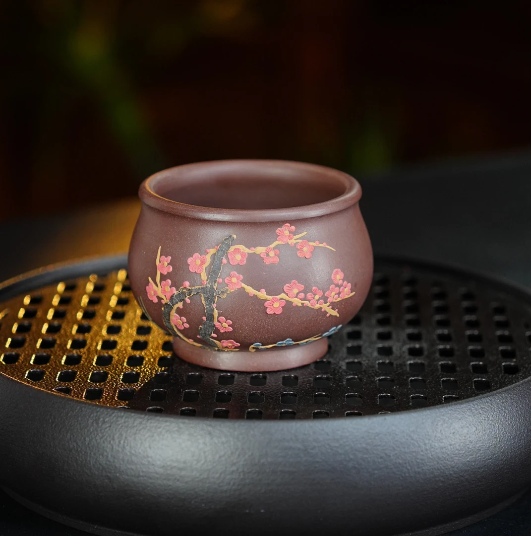 宜兴原矿紫砂茶具紫泥全手工堆绘梅花紫砂主人杯品茗茶杯茶具 888
