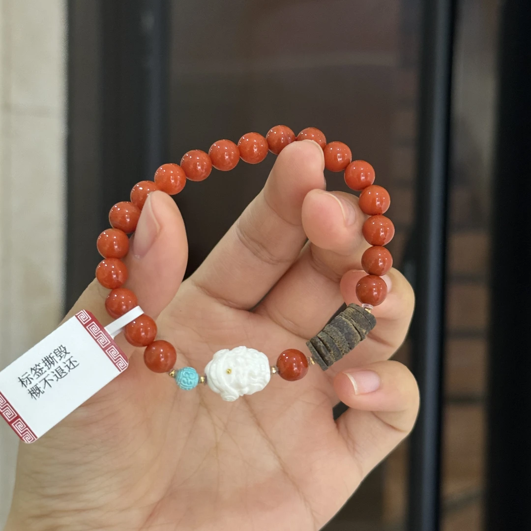 月兔·天然7mm+南红柿子红18K金单圈手链