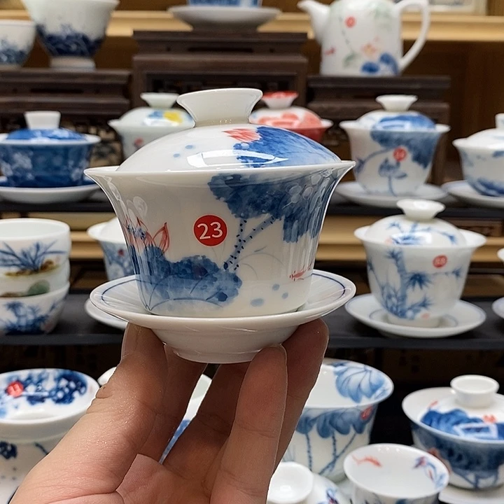 手绘微瑕荷花盖碗