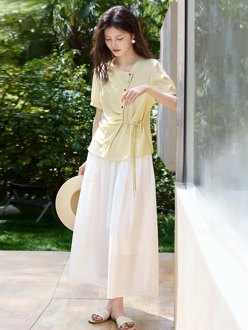 含亚麻肌理感衬衫两件套女2025夏季设计感遮肉小衫简约半身裙套装