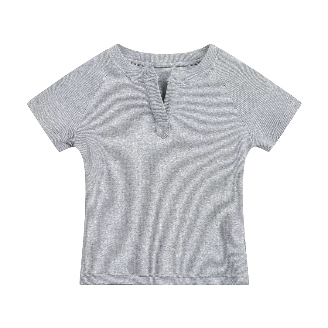 正肩修身t恤女夏季2025新款V领短袖设计感辣妹短上衣