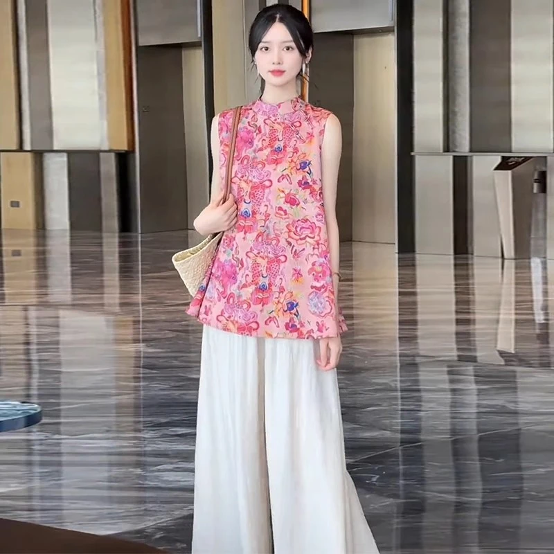 时尚国风套装女2025夏季新款新中式盘扣提花无袖上衣阔腿裤两件套