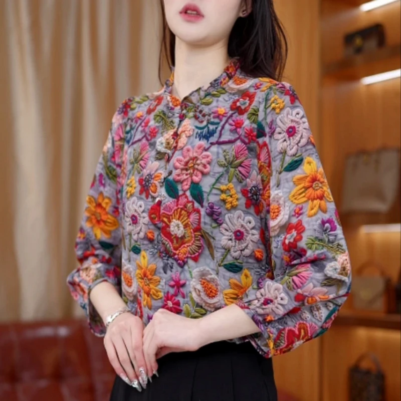 女士碎花衬衫2025春季新款设计感洋气减龄木耳边立领别致小衫上衣