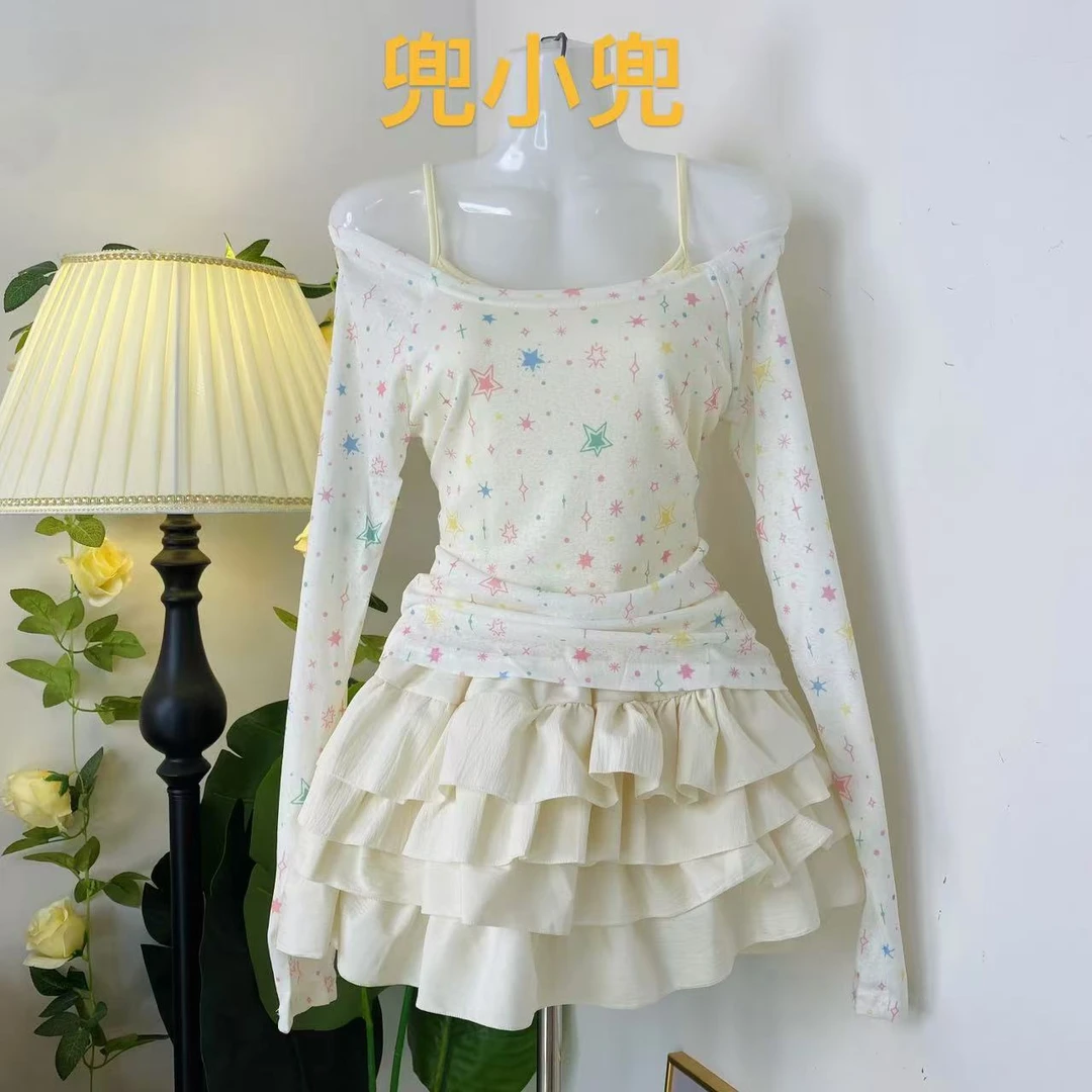 夏新款感透视设计防晒满印短裙露肩一字领长袖上衣两件套