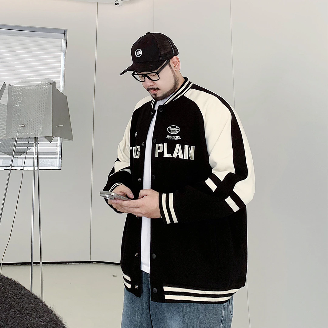 美式复古潮牌棒球服男春秋季胖子加肥加大码宽松休闲立领夹克外套