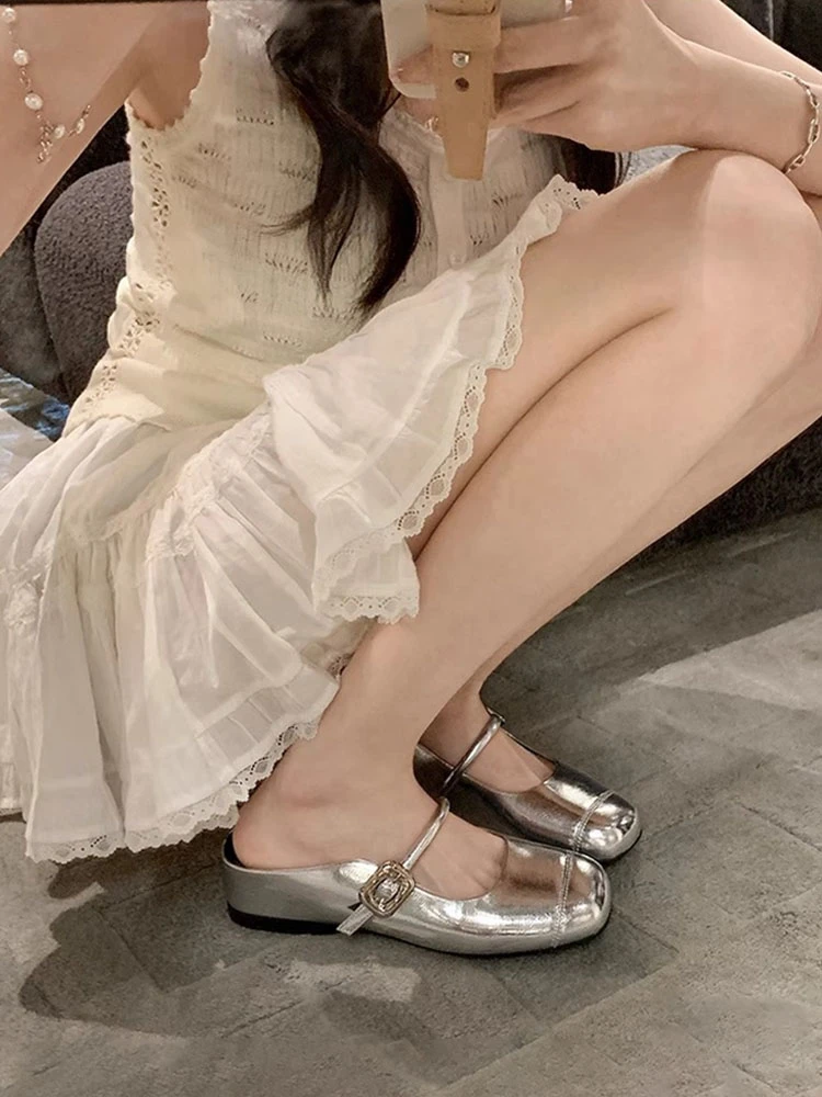 真皮~5cm内增高包头半拖女凉拖夏2025新款平底扣带拖鞋外穿