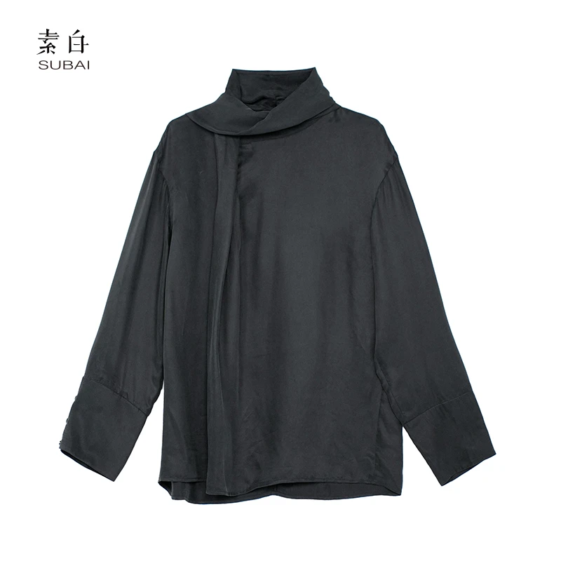 SB2407CS00050【素白】马乖铜氨丝飘带围脖上衣衬衫