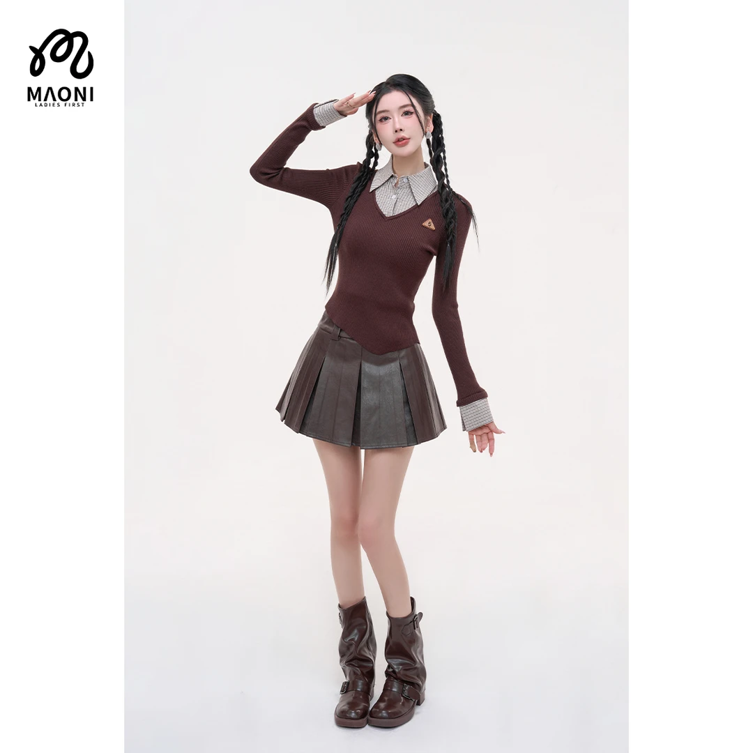 毛妮LADIESFIRST【首尔女高】显瘦假两件V领条纹拼接针织衫L2315